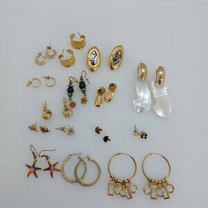 Mix Of 15 Pairs Pierced Gold Tone Earrings, Mother Of Pearl, Beads Abalone Shell